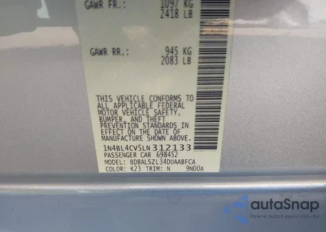 2020 Nissan Altima Sr Fwd from USA, damaged, VIN 1N4BL4CV5LN312133